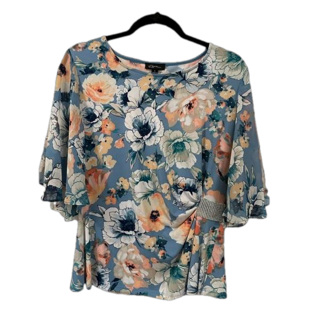 Evening Wear Floral Top With Sheer Sleeves and rhinestones Size Large EUC